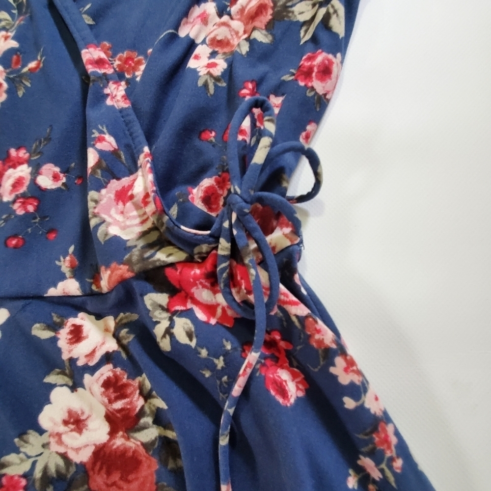 2049 * Iz Byer Floral Faux Wrap Mini Dress Navy Blue Red Size L - Picture 6 of 10